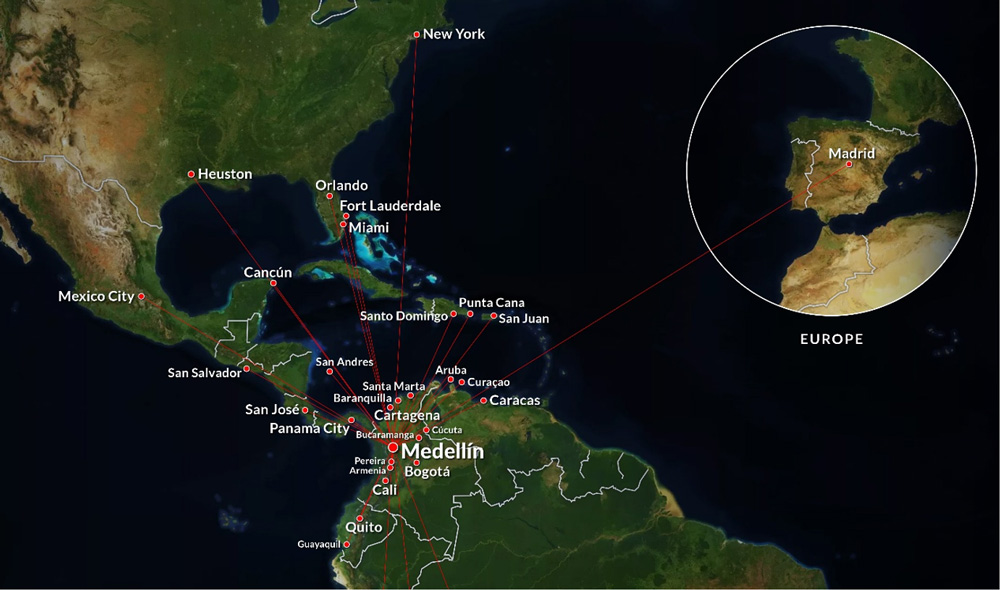 As of 2025, Medellín offers non-stop flights to 35 destinations in more than 15 countries, including the U.S., Mexico, Panama, Peru, and Spain.