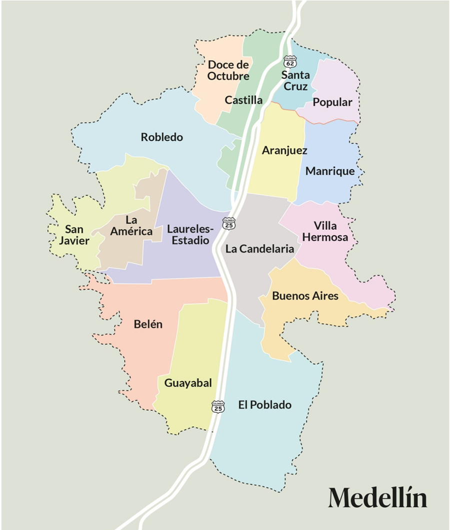 Medellín’s neighborhoods stretch along the Aburrá Valley—from the vibrant hubs of El Poblado and Laureles to the traditional streets of Belén and the hillside barrios that overlook the city.